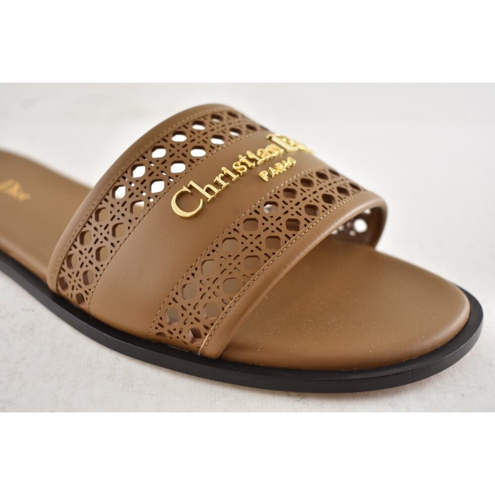 Dior D-Lane Dway Micro Cannage Chestnut Brown Leather Logo Slide Flat Sandal 37 - Picture 8 of 16